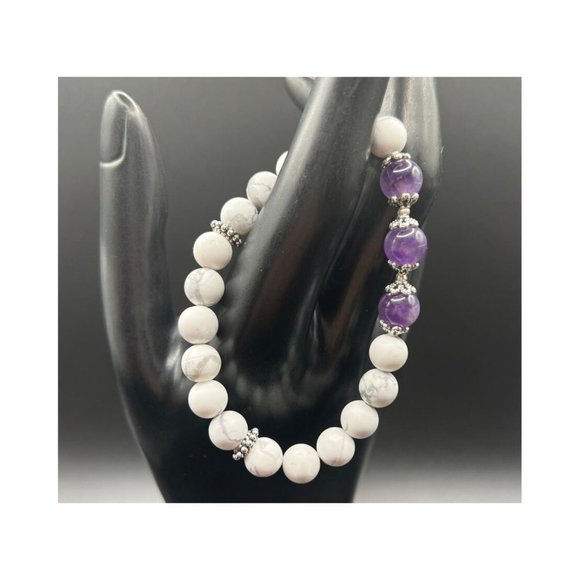 10mm White Howlite and Amethyst Stretch Bracelet (Healing for Anxiety Re… - Picture 3 of 8